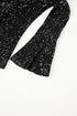 Sequin Mock Neck Drape Open Back Bell Sleeve Lined Top